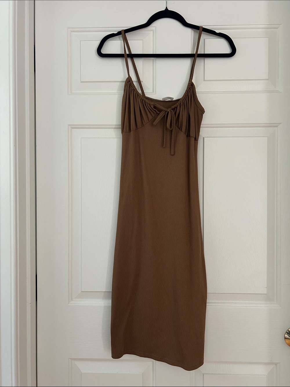 Women’s Brown Ribbed Midi Dress with Adjustable Straps
